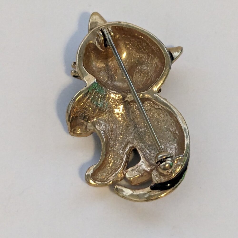 Vintage Black Enamel Clear Rhinestone Eyes Kitty Cat Kitten Halloween Brooch Pin - Picture 3 of 3